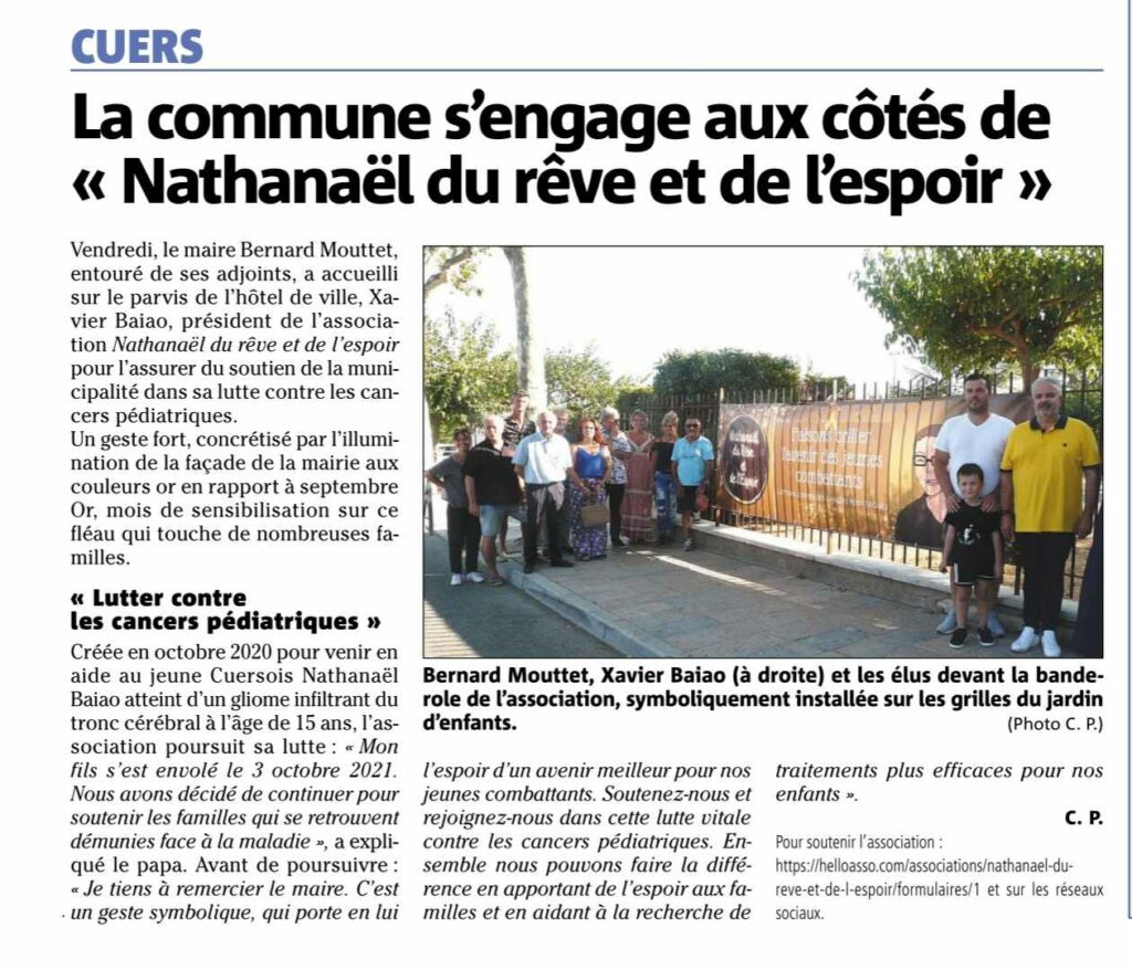 Article du journal Var Matin du canton de Cuers à l'occasion de septembre en OR, mois de sensibilisation aux cancers pédiatriques. L'association "Nathanaël, du Rêve et de l'Espoir" par l'intermédiaire de son président Xavier BAIAO à demandé à la commune de mettre la façade de l’hôtel de ville de Cuers aux couleurs OR pour ce mois de sensibilisation