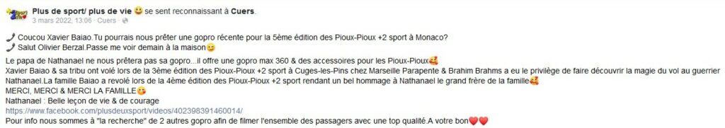 Publication de l'association +2sport +2vie a qui nous avons offert une go pro et des accessoires. L'association fait voler des enfants malades et leurs familles